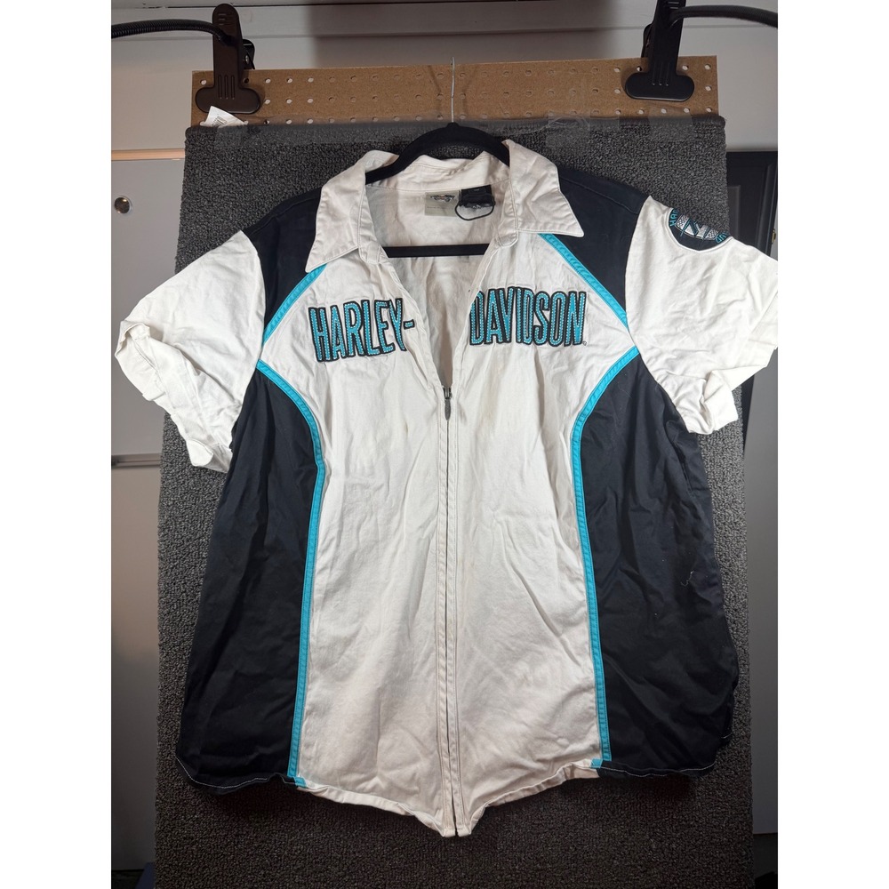 Harley Davidson Zip Up Shirt Womens 1W White Black Teal Color Block Embroidered